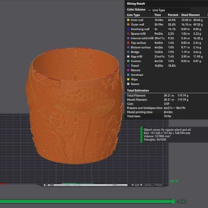 Może przedstawiać: Renderowanie 3D pomarańczowej doniczki o cylindrycznym kształcie i szczeg&oacute;łowych wzorach. Doniczka ma wymiary 137,425 x 137,65 x 128,934 mm. Obraz pokazuje wyniki krojenia i informacje o modelu.