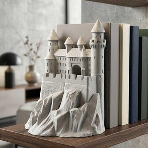 May include: A light grey bookend shaped like a medieval castle with multiple towers, battlements, and a central arched gate, resting on a textured rocky base. The structure is positioned next to a row of solid-coloured books on a wooden shelf.