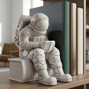May include: A light grey, matte-finish astronaut figurine sitting on a stack of books while reading an open book. The astronaut wears a detailed space suit with a helmet, backpack, and textured boots, positioned next to several upright books.