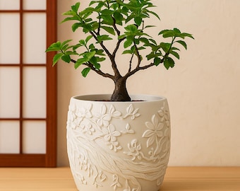 May include: A small bonsai tree in a white ceramic pot. The pot features a raised floral and tree branch design. The bonsai has a brown trunk and vibrant green leaves. The pot is on a wooden surface.