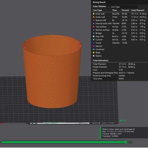 Peut inclure: Rendu 3D d'un pot de plante cylindrique orange avec drainage, cr&eacute;&eacute; &agrave; l'aide d'une imprimante 3D. Les dimensions de l'objet sont de 11,72 x 11,72 x 11,53 cm. L'image comprend un tableau de r&eacute;sultats de tranchage.