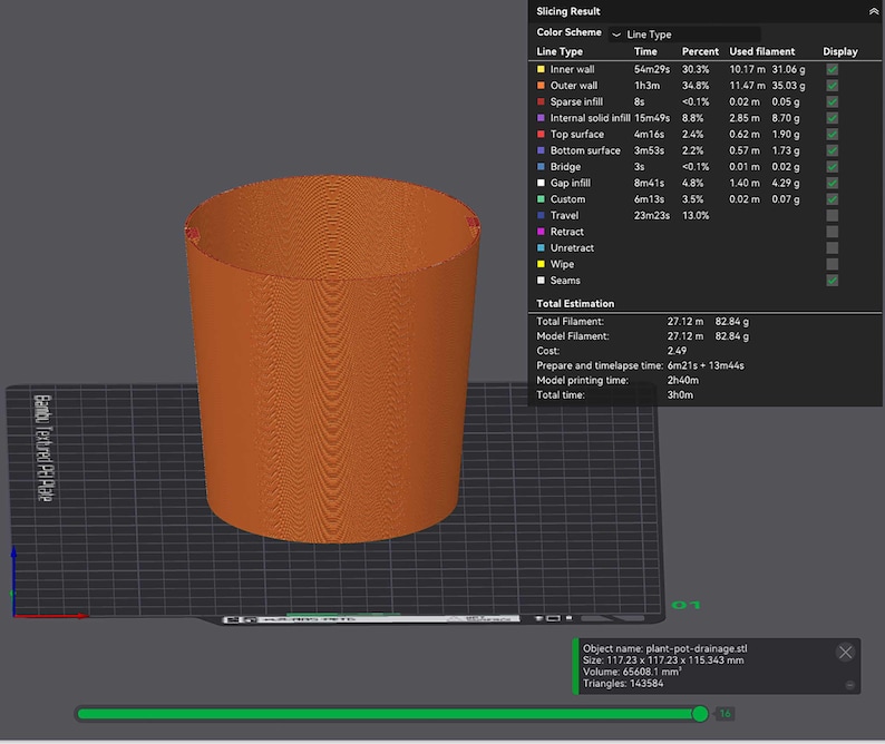Peut inclure: Rendu 3D d'un pot de plante cylindrique orange avec drainage, cr&eacute;&eacute; &agrave; l'aide d'une imprimante 3D. Les dimensions de l'objet sont de 11,72 x 11,72 x 11,53 cm. L'image comprend un tableau de r&eacute;sultats de tranchage.
