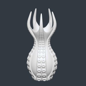 May include: A white, abstract vase with a unique design. The vase features a series of tentacle-like protrusions and circular patterns, creating a textured surface. The design is symmetrical and stands out against a dark background.
