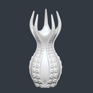 May include: A white, stylized vase with an octopus-inspired design. The vase features tentacle-like arms extending upwards and circular suction cup details along the body. The design is symmetrical and stands out against a dark background.