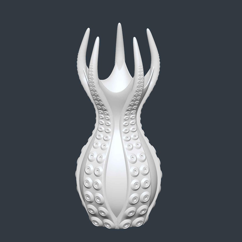 May include: A white, stylized vase with an octopus-inspired design. The vase features tentacle-like arms extending upwards and circular suction cup details along the body. The design is symmetrical and stands out against a dark background.
