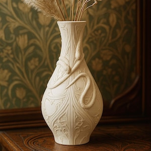 May include: Off-white ceramic vase with a detailed relief design of a snake and stylized foliage. The vase has a slender neck and a bulbous body. Dried ornamental grasses are placed inside the vase. The vase is on a wooden surface.