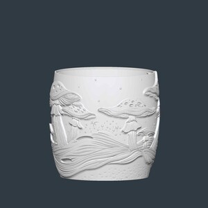 May include: White cylindrical container with a detailed relief of mushrooms and foliage. The design features various mushroom shapes, with textured caps and stems, set against a backdrop of stylized plants and small dots, creating a whimsical, nature-inspired aesthetic.