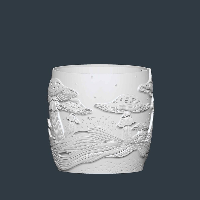 May include: White cylindrical container with a detailed relief of mushrooms and foliage. The design features various mushroom shapes, with textured caps and stems, set against a backdrop of stylized plants and small dots, creating a whimsical, nature-inspired aesthetic.