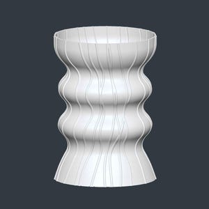 May include: A white, decorative vase with a unique, undulating shape. The vase has a wide, open top and a flared base. Vertical, thin lines run down the sides, adding texture. The design is modern and minimalist, suitable for home decor.
