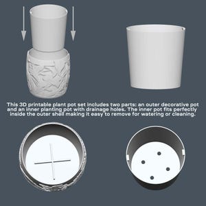 Peut inclure: Un ensemble de pots de fleurs blancs imprim&eacute;s en 3D. L'ensemble comprend un pot d&eacute;coratif ext&eacute;rieur avec un motif floral et un pot de plantation int&eacute;rieur avec des trous de drainage. Le pot int&eacute;rieur s'ins&egrave;re dans la coque ext&eacute;rieure pour faciliter le retrait pour l'arrosage ou le nettoyage. Le texte dans l'image d&eacute;crit le produit.