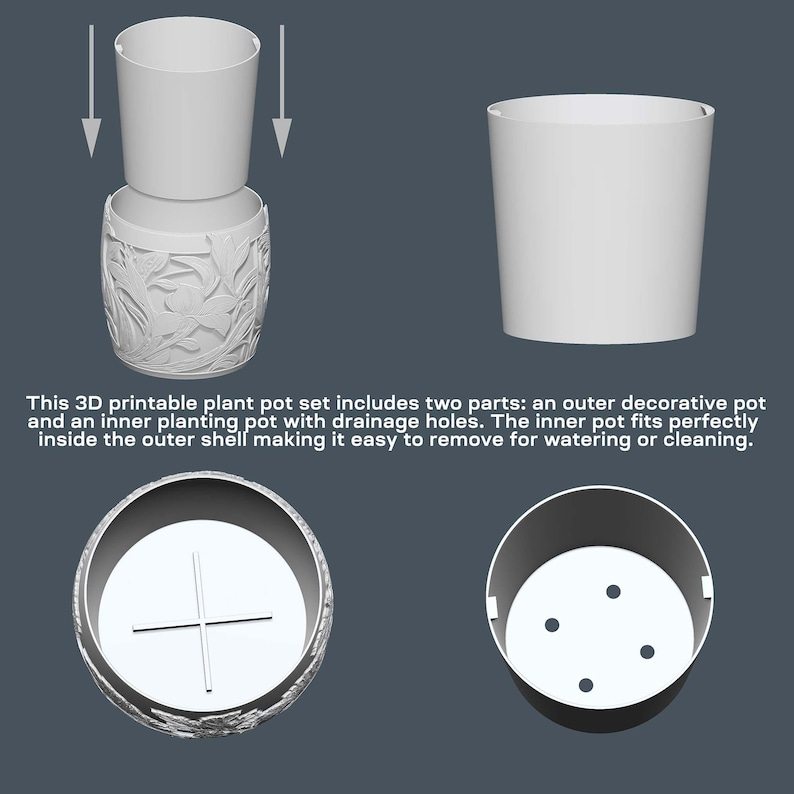 Peut inclure: Un ensemble de pots de fleurs blancs imprim&eacute;s en 3D. L'ensemble comprend un pot d&eacute;coratif ext&eacute;rieur avec un motif floral et un pot de plantation int&eacute;rieur avec des trous de drainage. Le pot int&eacute;rieur s'ins&egrave;re dans la coque ext&eacute;rieure pour faciliter le retrait pour l'arrosage ou le nettoyage. Le texte dans l'image d&eacute;crit le produit.
