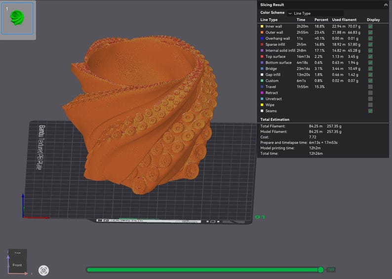 May include: An orange 3D-printed vase with a spiral design and textured details. The vase is displayed on a dark gray surface, with a 3D printing software interface visible in the background, showing printing details.