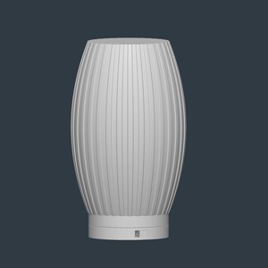 May include: A white, vertically ribbed, oval-shaped decorative object. The object has a cylindrical base with a small square indentation. The top is flat and rounded. The overall design is minimalist and modern.