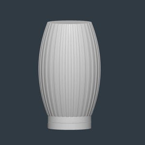 May include: A white, vertically ribbed vase with an oval shape. The vase has a cylindrical base and a smooth, flat top. The ribbed design creates a textured surface. The background is a solid, dark blue-gray.