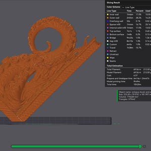 May include: A 3D-printed, orange octopus bookend, with detailed tentacles and body. The bookend has a curved design and measures approximately 223.39 mm long, 79.07 mm wide, and 181.99 mm high. The object name is octopus-book-end.stl.