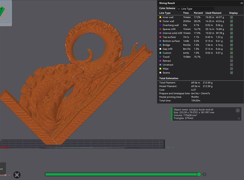 May include: A 3D-printed, orange octopus bookend, with detailed tentacles and body. The bookend has a curved design and measures approximately 223.39 mm long, 79.07 mm wide, and 181.99 mm high. The object name is octopus-book-end.stl.