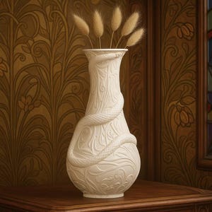 May include: A white ceramic vase with a snake design, holding dried wheat. The vase, with a floral pattern, is on a wooden surface. The background features patterned wallpaper. The vase is approximately 30 cm tall.