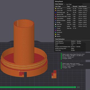 May include: A 3D rendering of a cylindrical lamp base and cap, in shades of orange and red, with a detailed breakdown of printing parameters. The image includes a progress bar and data on filament usage and printing time.