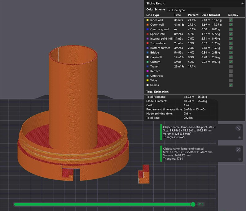 May include: A 3D rendering of a cylindrical lamp base and cap, in shades of orange and red, with a detailed breakdown of printing parameters. The image includes a progress bar and data on filament usage and printing time.