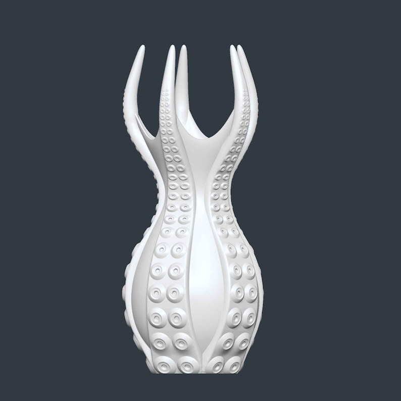 May include: A white, stylized vase with an octopus-inspired design. The vase features multiple tentacle-like arms extending upwards and a body adorned with circular suckers. The overall shape is elegant and modern, suitable for home decor.