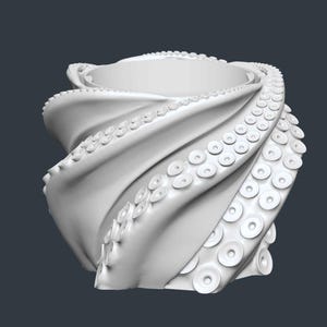 May include: A white, abstract sculpture resembling an octopus. The design features swirling, tentacle-like forms with circular suckers. The sculpture has a smooth, glossy finish and is set against a dark gray background.