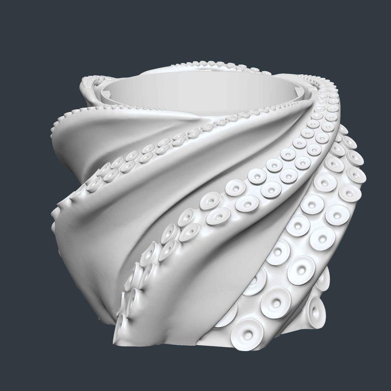 May include: A white, abstract sculpture resembling an octopus. The design features swirling, tentacle-like forms with circular suckers. The sculpture has a smooth, glossy finish and is set against a dark gray background.