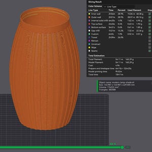 May include: A 3D-printed, orange-brown lamp shade with a vertical wood grain pattern. The cylindrical shade has a wide base and a slightly narrower top. The image also shows slicing information, including dimensions of 5.67 x 5.67 x 9.02 inches.