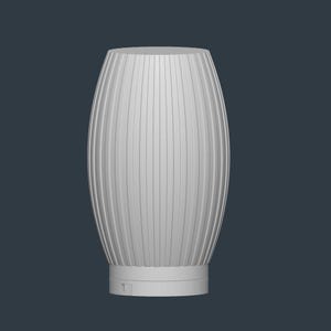 May include: A white, ribbed vase with an oval shape. The vase has vertical lines running from top to bottom, creating a textured surface. The base is a solid, circular shape. The background is a solid, dark blue color.