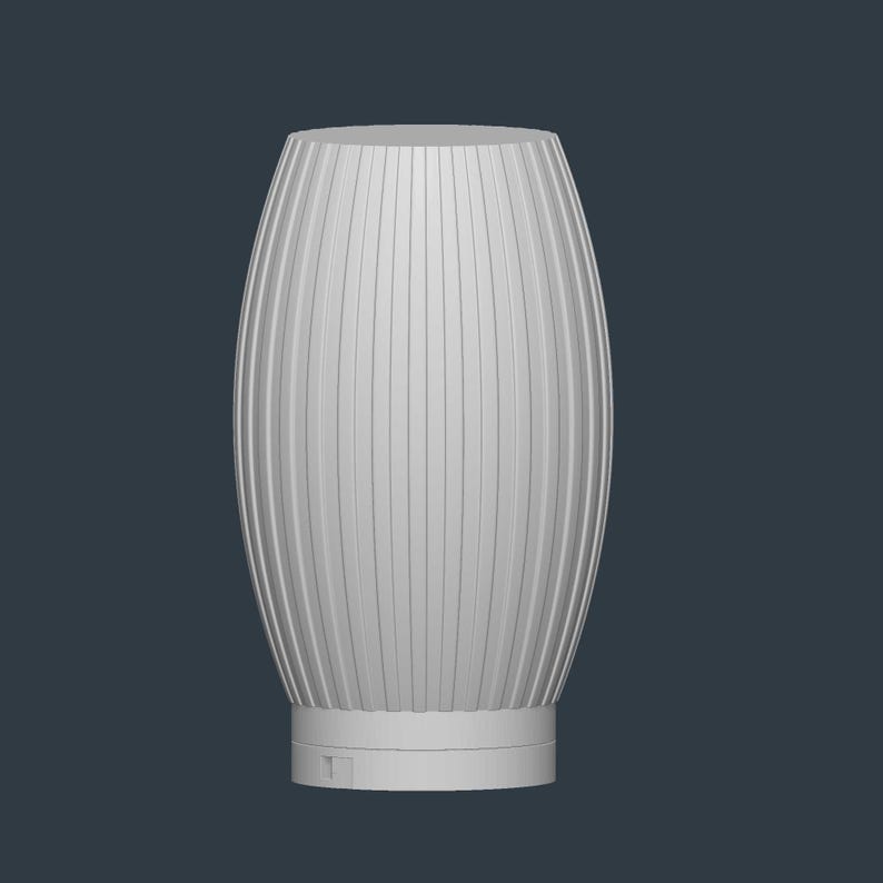 May include: A white, ribbed vase with an oval shape. The vase has vertical lines running from top to bottom, creating a textured surface. The base is a solid, circular shape. The background is a solid, dark blue color.