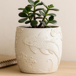 May include: A cream-colored ceramic plant pot with a detailed relief of a koi fish and water waves. The pot contains a jade plant with dark green, oval-shaped leaves. The pot is approximately 6 inches tall and 6 inches in diameter.
