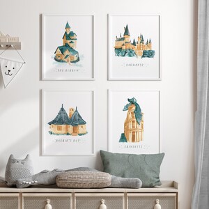 Wizarding watercolor Print set - hand painted room decor - Magical Wall Art, Paintings, Tourism, Witch, Nerd Art