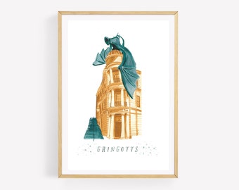 May include: A watercolor illustration of Gringotts Wizarding Bank from the Harry Potter series. The building is a yellow-gold color with a green dragon perched on top. The text "GRINGOTTS" is written below the building.