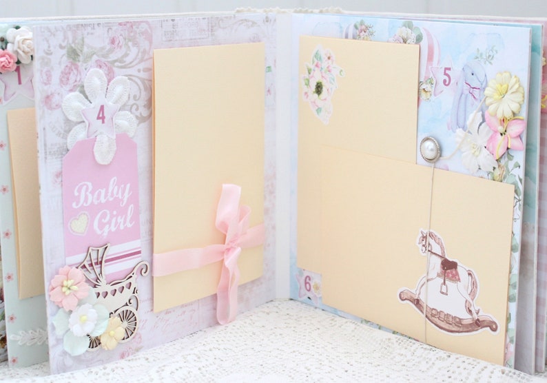 May include: A pink and white scrapbook with pages for photos and journaling. The pages are decorated with flowers, ribbons, and other embellishments. The scrapbook has the words "Baby Girl" on the front.