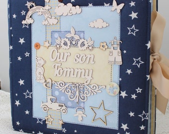 Large handmade Baby Boy Scrapbook Album Newborn photo album Memory book