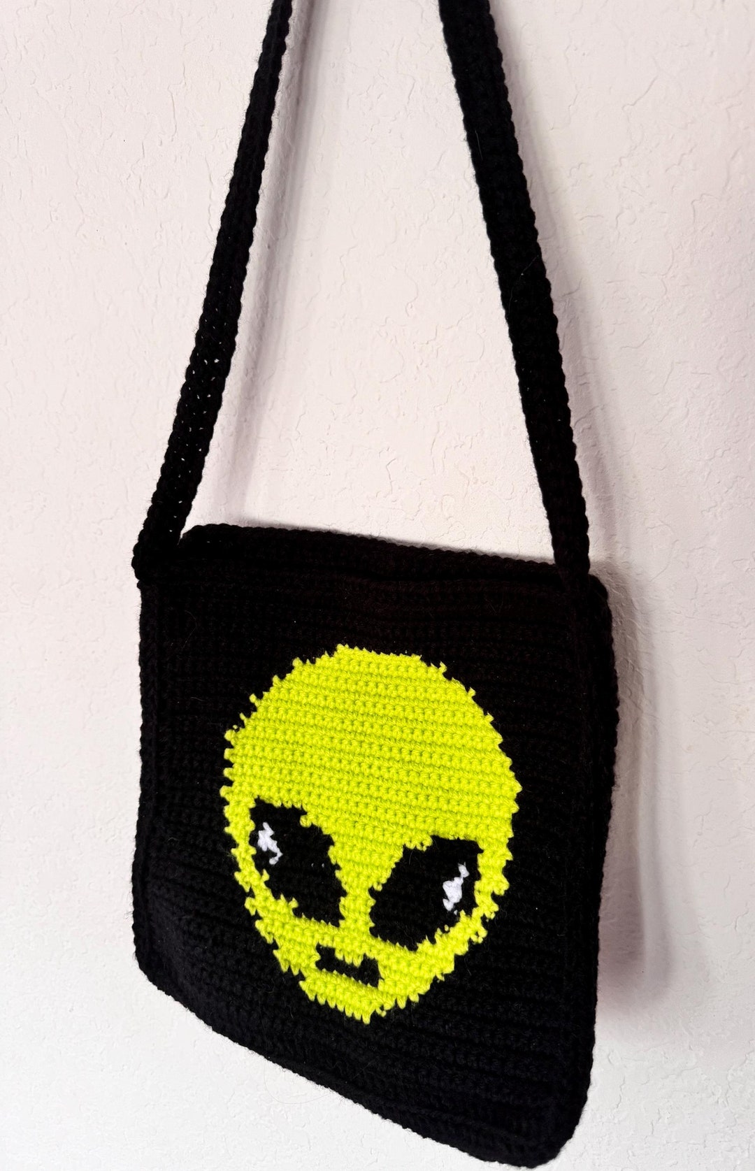 Handmade Alien Shoulder Bag - Unique Black and Neon Green UFO Crochet ...