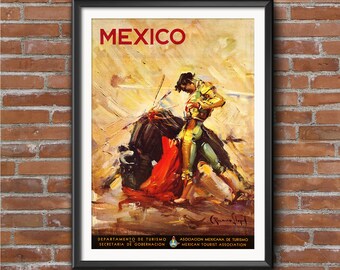 May include: Framed vintage travel poster for Mexico, featuring a matador in a bullfight. The poster has the word "MEXICO" in red at the top. The artwork is in warm tones of yellow, red, and brown, with text at the bottom.