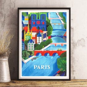 May include: A colorful illustration of the city of Paris, France. The image features a stylized depiction of Notre Dame Cathedral, bridges over the Seine River, and the text "PARIS".