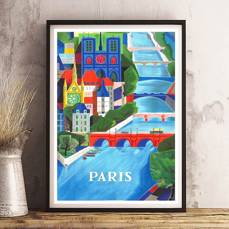May include: A colorful illustration of the city of Paris, France. The image features a stylized depiction of Notre Dame Cathedral, bridges over the Seine River, and the text "PARIS".