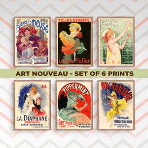 Art Nouveau Set di 6 stampe di poster francesi / Arte murale antica / Dipinti famosi / Decorazioni per la casa vintage / Arte classica / Idea regalo da collezione
