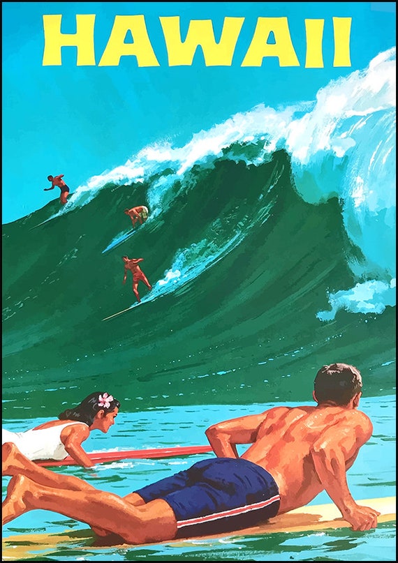 HAWAII Surfing - Vintage Travel Poster Print - Satin Paper - A4 A3