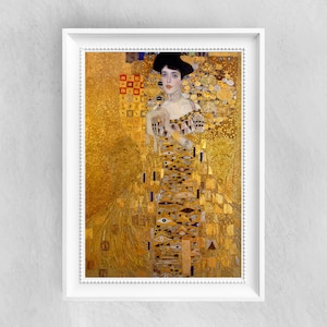 May include: A painting of a woman in a gold dress with a geometric pattern. The background is also gold with a geometric pattern.