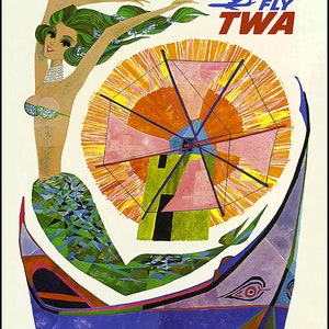 May include: A vintage travel poster advertising flights to Portugal with TWA. The poster features a colorful illustration of a mermaid in a boat with a windmill in the background. The text "FLY TWA" is in the top right corner.