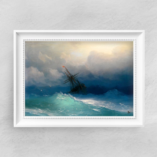 Ivan Aivazovsky - Navire dans les mers orageuses - Impression d’art - Affiche d’art vintage - Peintures célèbres - Art classique - A4 A3 A2 Home Decor Idée cadeau