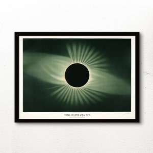 May include: A vintage illustration depicting a total solar eclipse. The sun is completely blocked by the moon, with the corona visible as a bright halo around the dark disc. The image is in shades of green and black.
