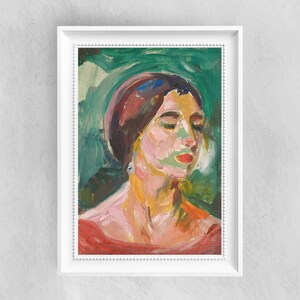 May include: A painting of a woman wearing a red, purple and brown hat. She is wearing a red dress and has a green background.