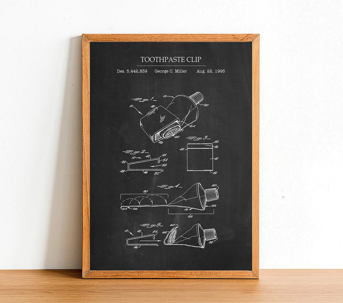 Toothpaste Clip, Bathroom Patent Poster Print, A4 A3 A2 Prints, Home ...