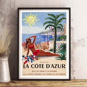 COTE D'AZUR - Impressão de pôster de viagem vintage - Papel acetinado - A4 A3 A2 - Decoração de parede para casa de alta qualidade