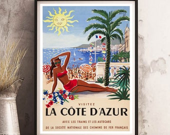 COTE D'AZUR- Vintage Travel Poster Print - Satin Paper - A4 A3 A2 - Home Wall Decor TOP Quality