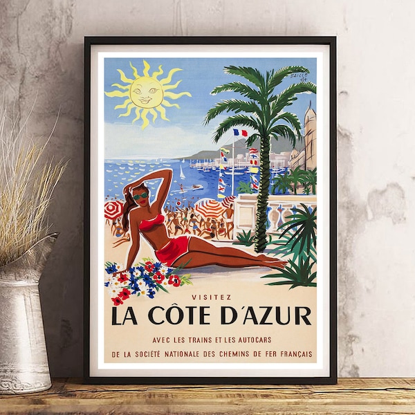 COTE D'AZUR- Vintage Travel Poster Print - Satin Paper - A4 A3 A2 - Home Wall Decor TOP Quality