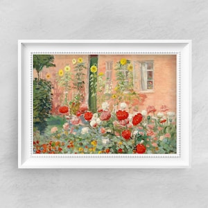 May include: A painting depicting a pink house with a garden in front. The garden is filled with red, white, and yellow flowers. Sunflowers can be seen in the background.